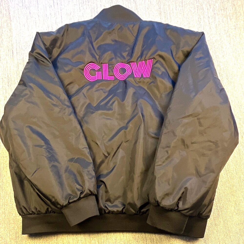 Netflix GLOW Cast Crew Promo Bomber Jacket Holloway 2XL Black Satin Quilted